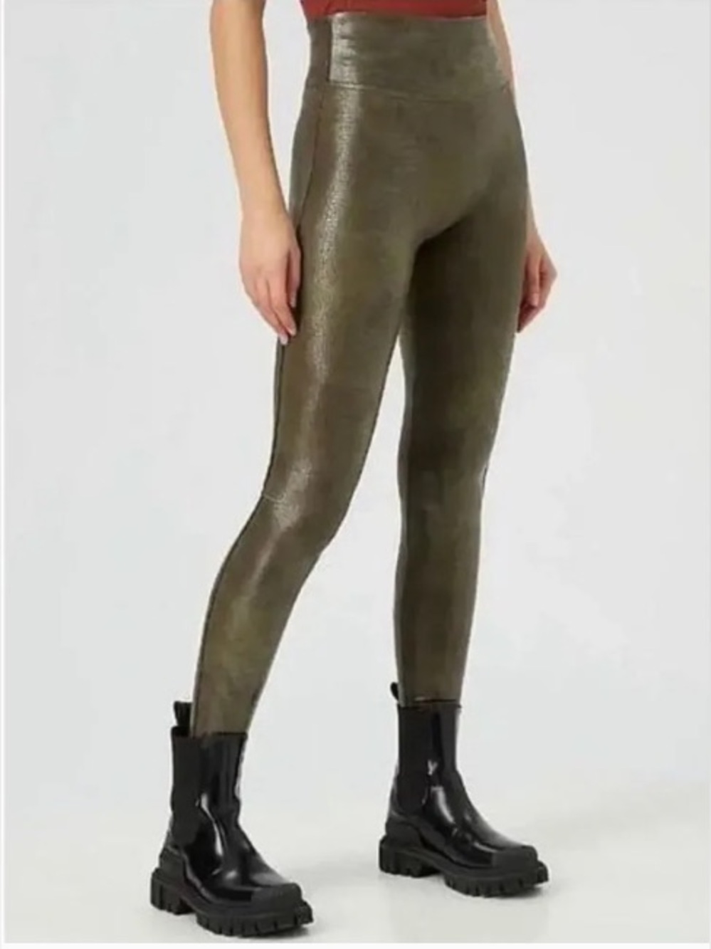 Spanx Faux Leather Croc Embossed Leggings Dark Olive High Rise Slim Fit Size M